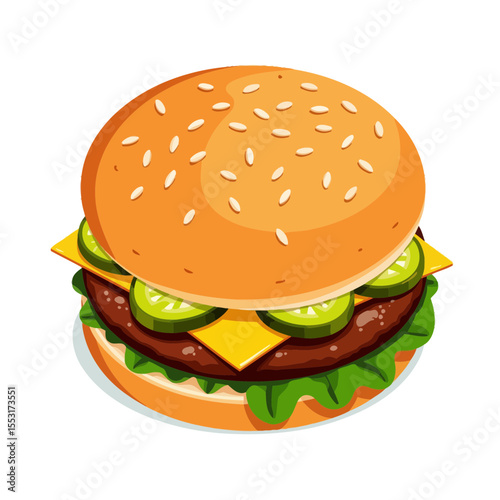 Hamburger with cheese, lettuce, and cucumbers on a sesame bun  
