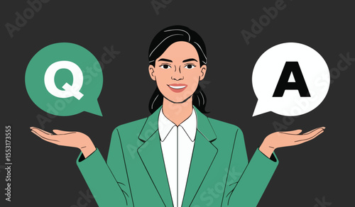 Businesswoman balancing Q&A speech bubbles: ideal for FAQs, customer support, and problem-solving.

