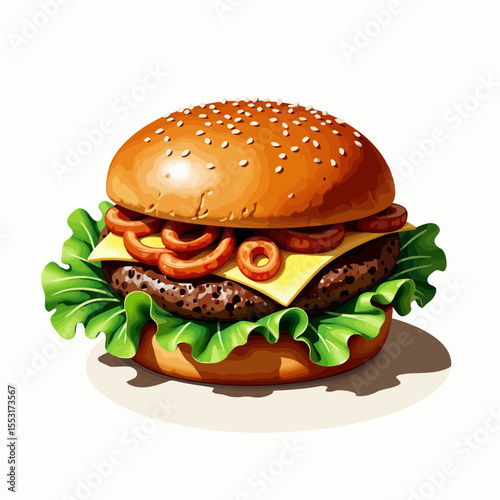 Delicious hamburger with sesame bun, cheese, and lettuce  