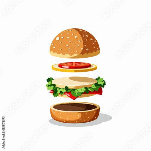 Abstract hamburger with layers displayed on a white background  