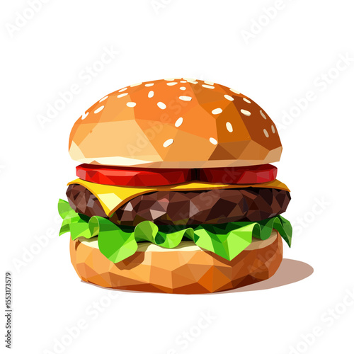 Polygonal hamburger with lettuce, cheese, and tomato on a white background  