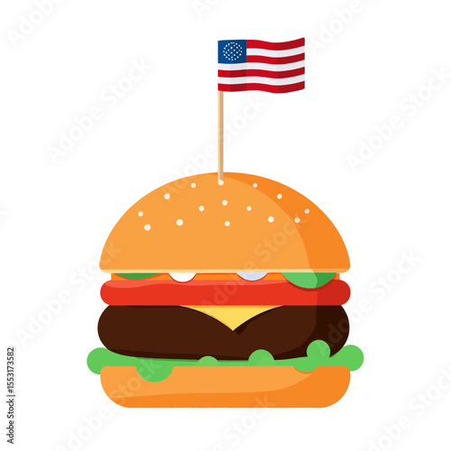 Cartoon hamburger with American flag on top  