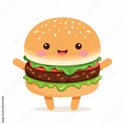 Cute cartoon hamburger character with arms and happy expression  