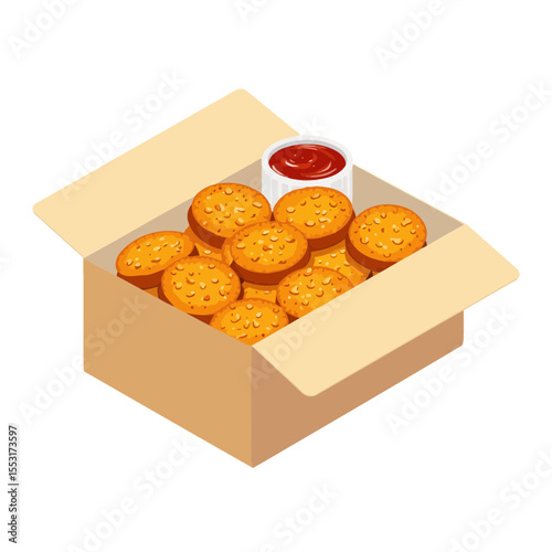 Box of savory cookies with dipping sauce on white background  