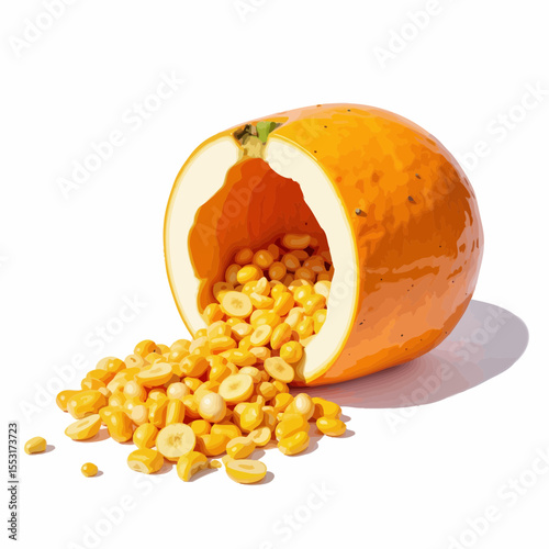 Whole pumpkin spilling yellow seeds on white background  