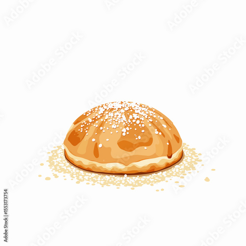 Freshly baked bun with powdered sugar on white background  