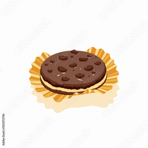 Chocolate cookie on paper wrapper with chocolate chips  