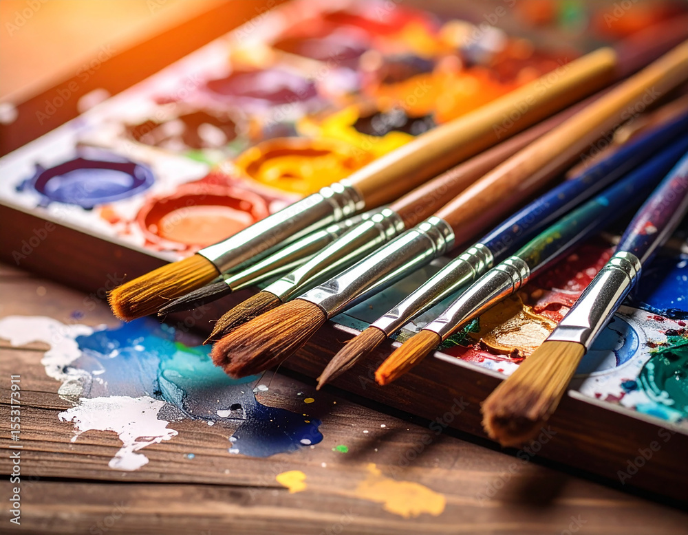 Obraz premium Paintbrush in Color Tray – Realistic Artistic Tool with Vibrant Paint