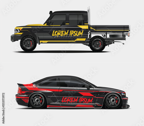 Customized Black and Yellow Truck and Black and Red Sports Car Illustration