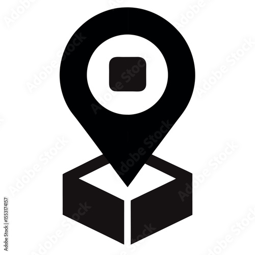 Vector art of a black location pin icon sits atop a box isolated on white background