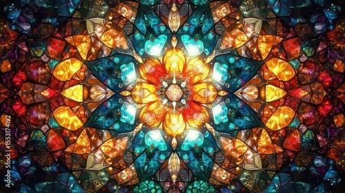 Intricate stained glass pattern with vibrant blue, orange, red, and yellow colors forming symmetrical floral and geometric shapes radiating from the center