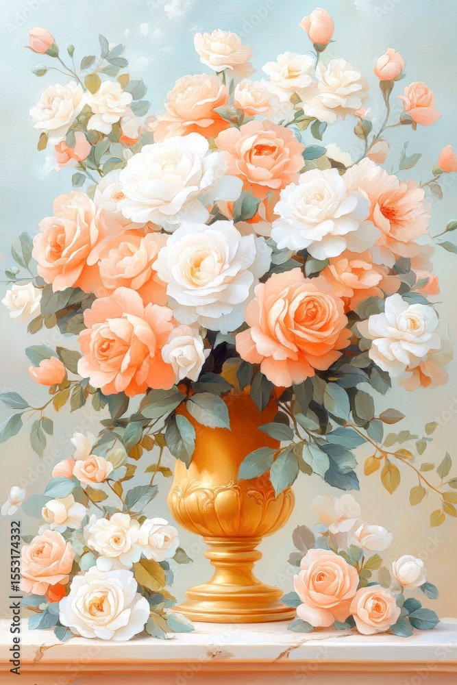 Obraz premium A beautifully arranged bouquet of soft peach and white roses in an elegant golden vase, set against a light blue background, Ideal for floral design projects, home decor, or greeting cards,