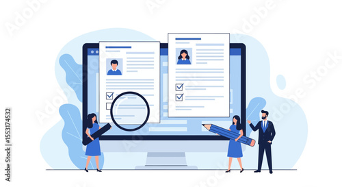 Vector Illustration of Online Recruitment Process with Candidates' Resumes