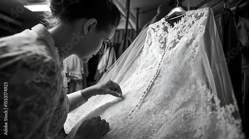 A tailor inspecting the seams of a perfectly finished wedding gown