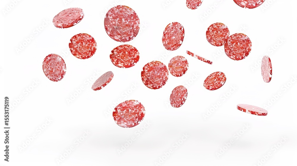 Fototapeta premium Slices of delicious, cured salami floating in isolation on a pristine white background, offering a tantalizing view of this classic Italian deli meat. Ideal for food industry visuals, it can be used i