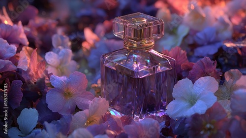 Elegance captured: A perfume bottle amidst a vibrant blossom garden scenery