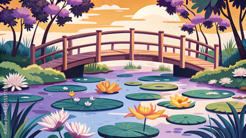 Peaceful water garden with lily pads, wooden bridge, and serene reflections vector ideal for themes of tranquility, nature, and Japanese-inspired design