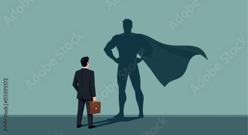 Businessman Facing Superhero Shadow, Motivational Concept Art