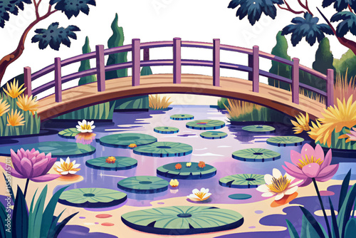 Peaceful water garden with lily pads, wooden bridge, and serene reflections vector ideal for themes of tranquility, nature, and Japanese-inspired design