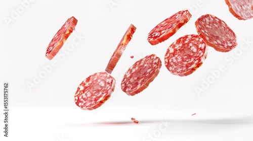 Slices of delicious, cured salami floating in isolation on a pristine white background, offering a tantalizing view of this classic Italian deli meat. Ideal for food industry visuals, it can be used i
