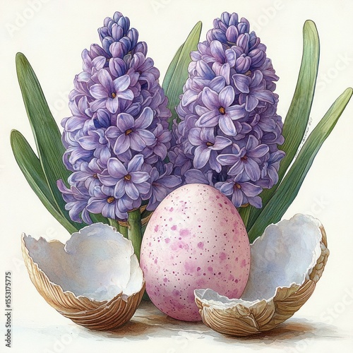 Two blooming purple hyacinth flowers with green leaves behind a large speckled pink egg and cracked brown eggshells on a light background