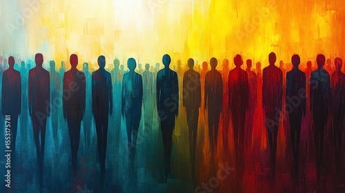 Abstract colorful painting of faceless human silhouettes standing together with blue and orange gradient background conveying unity and diversity