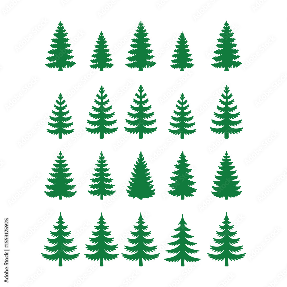 Obraz premium Green Pine Tree Silhouettes on White Background trees