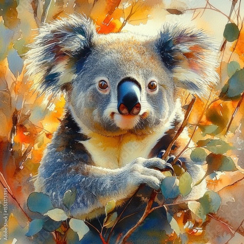 Close-up of a koala holding eucalyptus branches surrounded by vibrant autumn foliage with warm orange and yellow hues