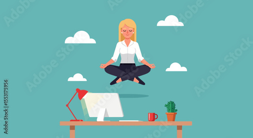 Floating Businesswoman Meditating Above a Desk, Calm and Focused