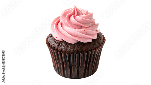 chocolate cupcake with pink frosting swirl isolated on transparent background