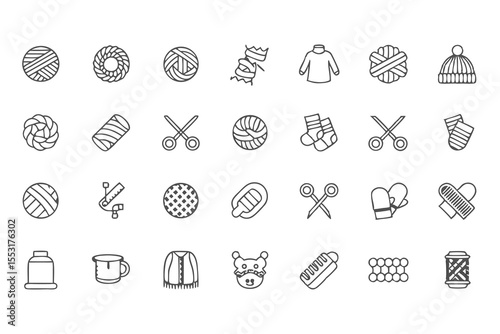 Knitting, Crocheting and Sewing Icon Set. Collection of Line Art Icons Including Yarn, Needles, Scissors, Sweaters, Buttons, and More  Elements Vector Illustration on White Background