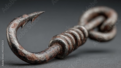Rusty metal fishing hook with sharp barb, close-up studio shot on gray backdrop