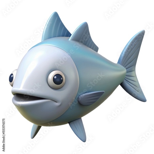 A cute cartoon fish with big eyes and a slightly open mouth isolated on white background