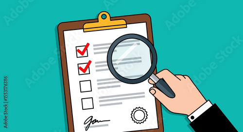 Checklist Document with Magnifying Glass and Hand, Detailed View
