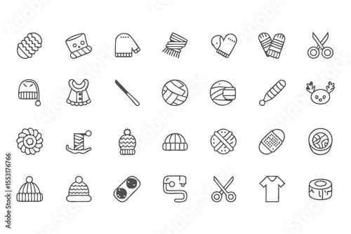 Knitting, Crocheting and Sewing Icon Set. Collection of Line Art Icons Including Yarn, Needles, Scissors, Sweaters, Buttons, and More  Elements Vector Illustration on White Background