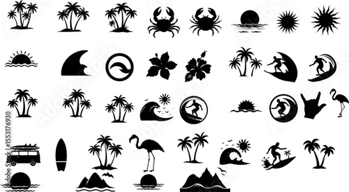 Summer Beach Tropical Silhouette Icon and Symbol Set