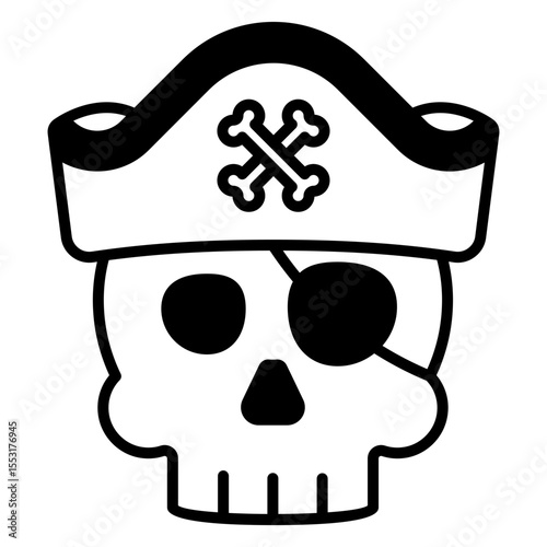 Pirate Skull with Hat and Eye Patch, Black and White Cartoon Style