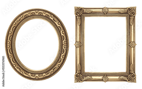 Ornate antique gold oval and square picture frames isolated on transparent background
