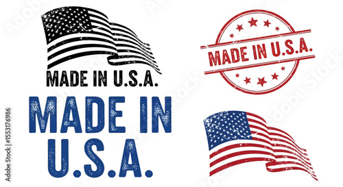 "Made in U.S.A." Vector Graphics: Flags, Text, and Seal with Distressed Texture
