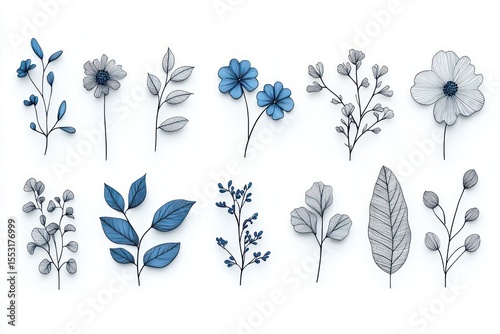 Delicate arrangement of minimalistic floral and leaf illustrations with blue and gray color accents on white background
