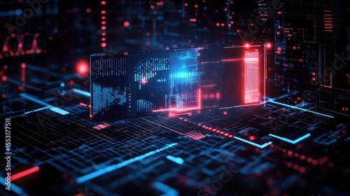 Futuristic digital interface with glowing blue and red data panels floating above a circuit-like grid emitting vibrant neon light and intricate technological patterns