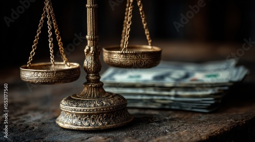 Vintage scales and money depicting financial law or judgment in legal matters