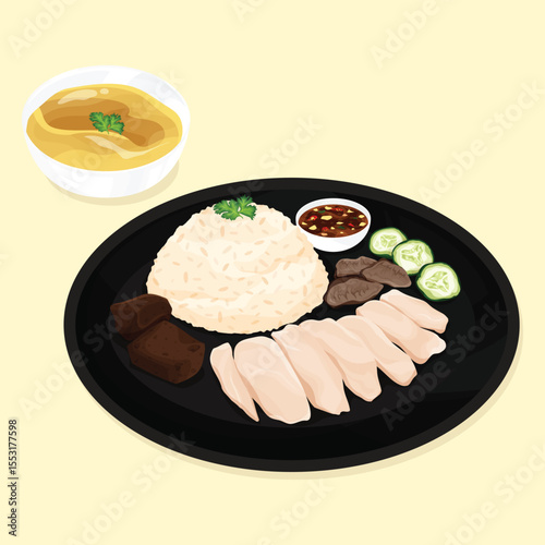 Hand-drawn vector illustration of Hainanese chicken rice with soup, dipping sauce, cucumber, chicken blood tofu, and chicken liver on black plate. Traditional Thai street food.