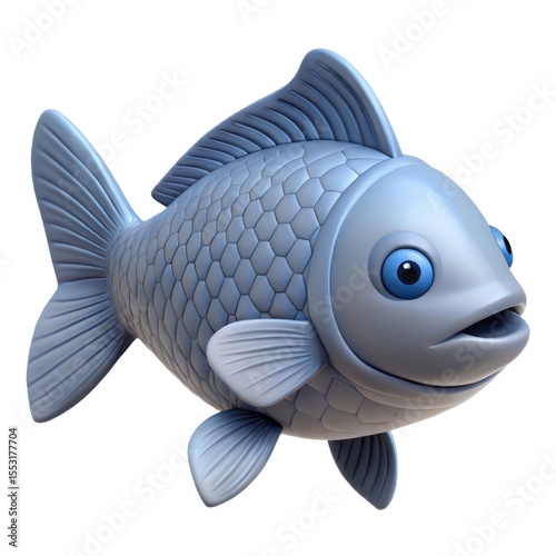 A cute cartoonish blue fish with big blue eyes and open mouth isolated on white background