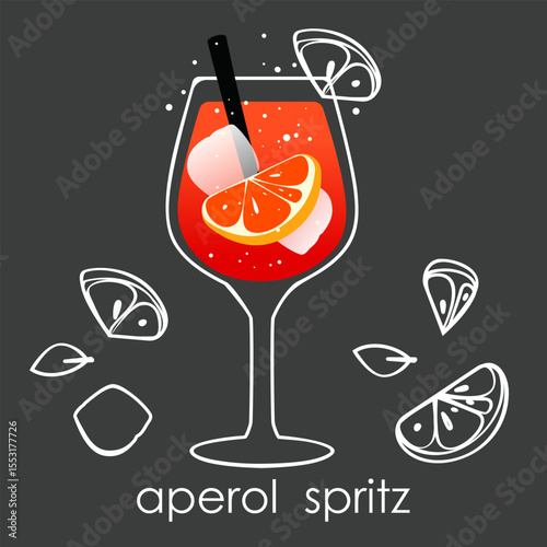 Classic cocktail Aperol Spritz. Summer alcoholic refreshing drink with orange and ice on a dark background. Vector illustration.