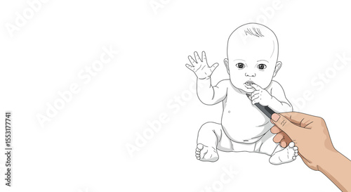 Line drawing of a curious baby sitting, waving one hand and sucking a finger, depicted in a minimalist style.