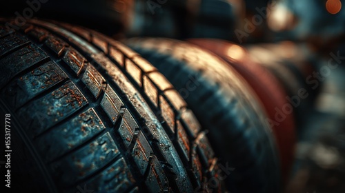 Detailed Macro Shot of Stacked Automotive Tires with Textured Surfaces