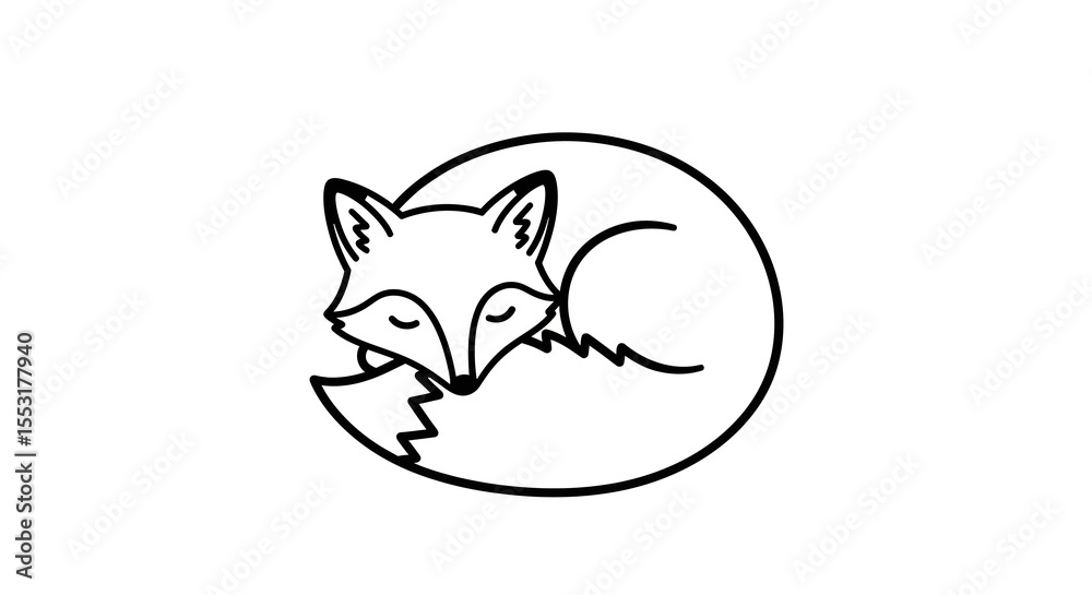 Fototapeta premium Minimalist Black and White Fox Curled Up Sleeping Line Art Illustration