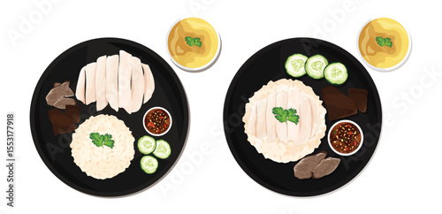 Hand-drawn vector illustration of Thai Hainanese chicken rice served with soup, sliced cucumber, sauce, and chicken blood tofu on black plate. Traditional Asian cuisine set.