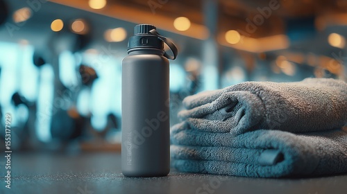 Gray Water Bottle and Folded Towels on a Gym Floor: Fitness and Wellness
